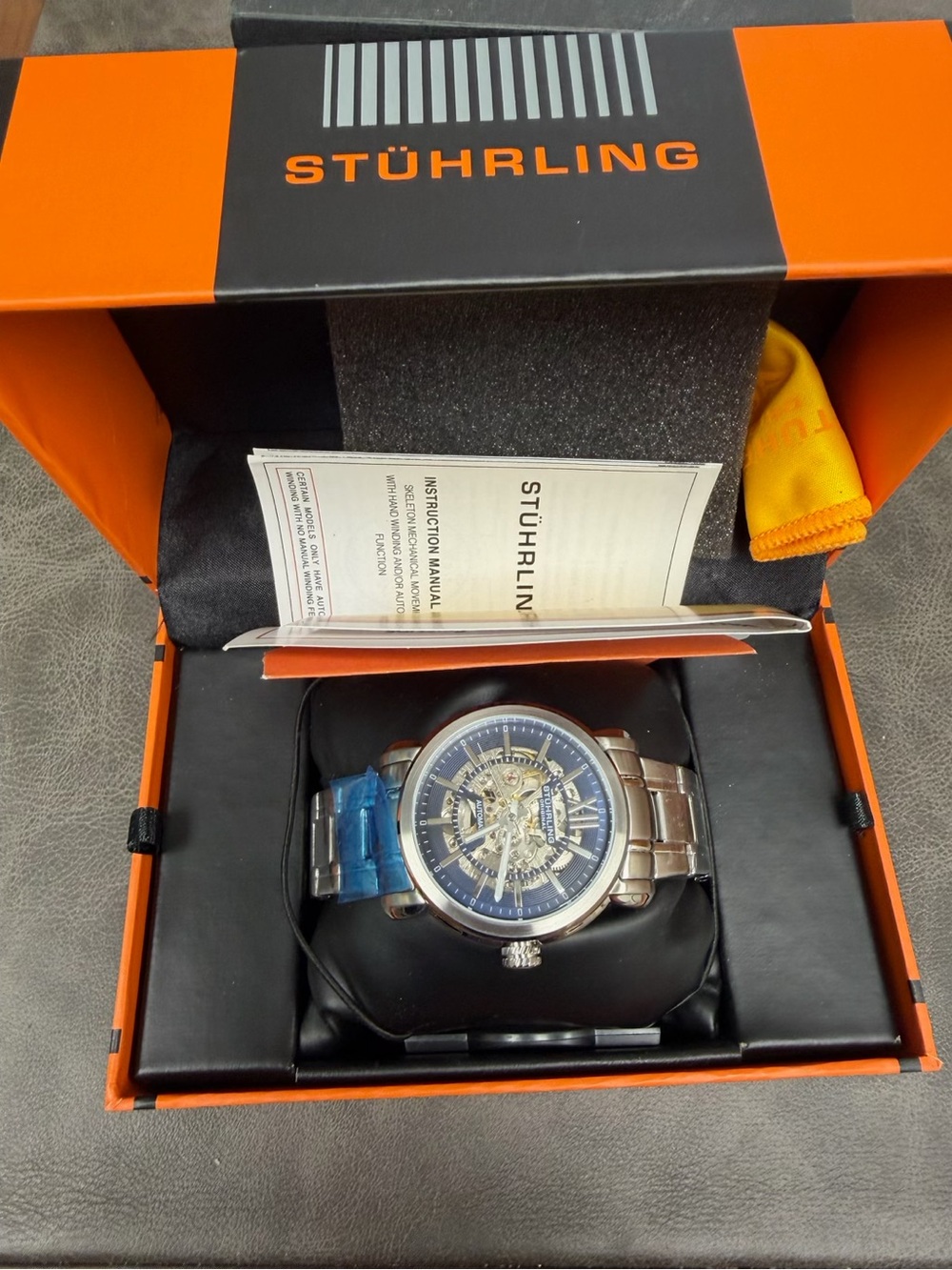 Stuhrling Original Silver-Tone Automatic Skeleton Watch with Blue Dial
